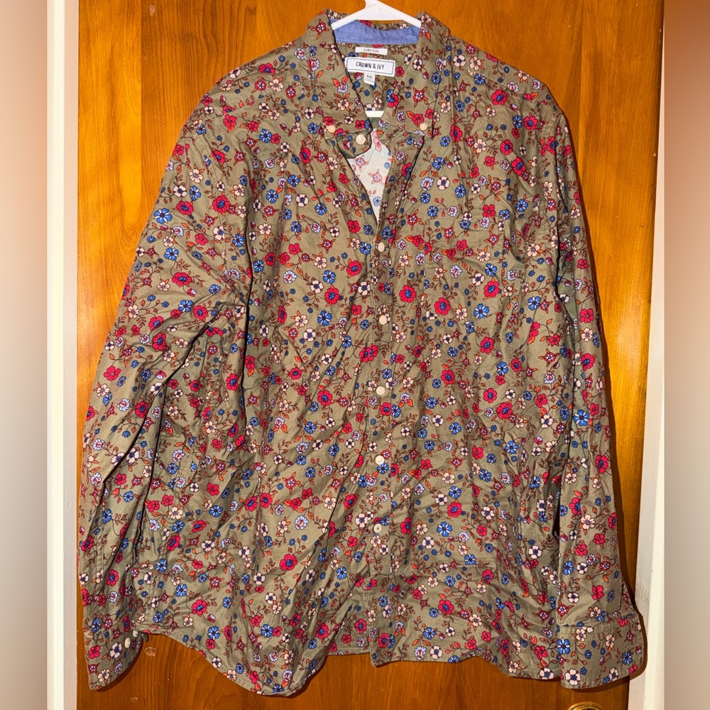 crown & ivy Brown Floral  Shirt with Red & Blue Accents
